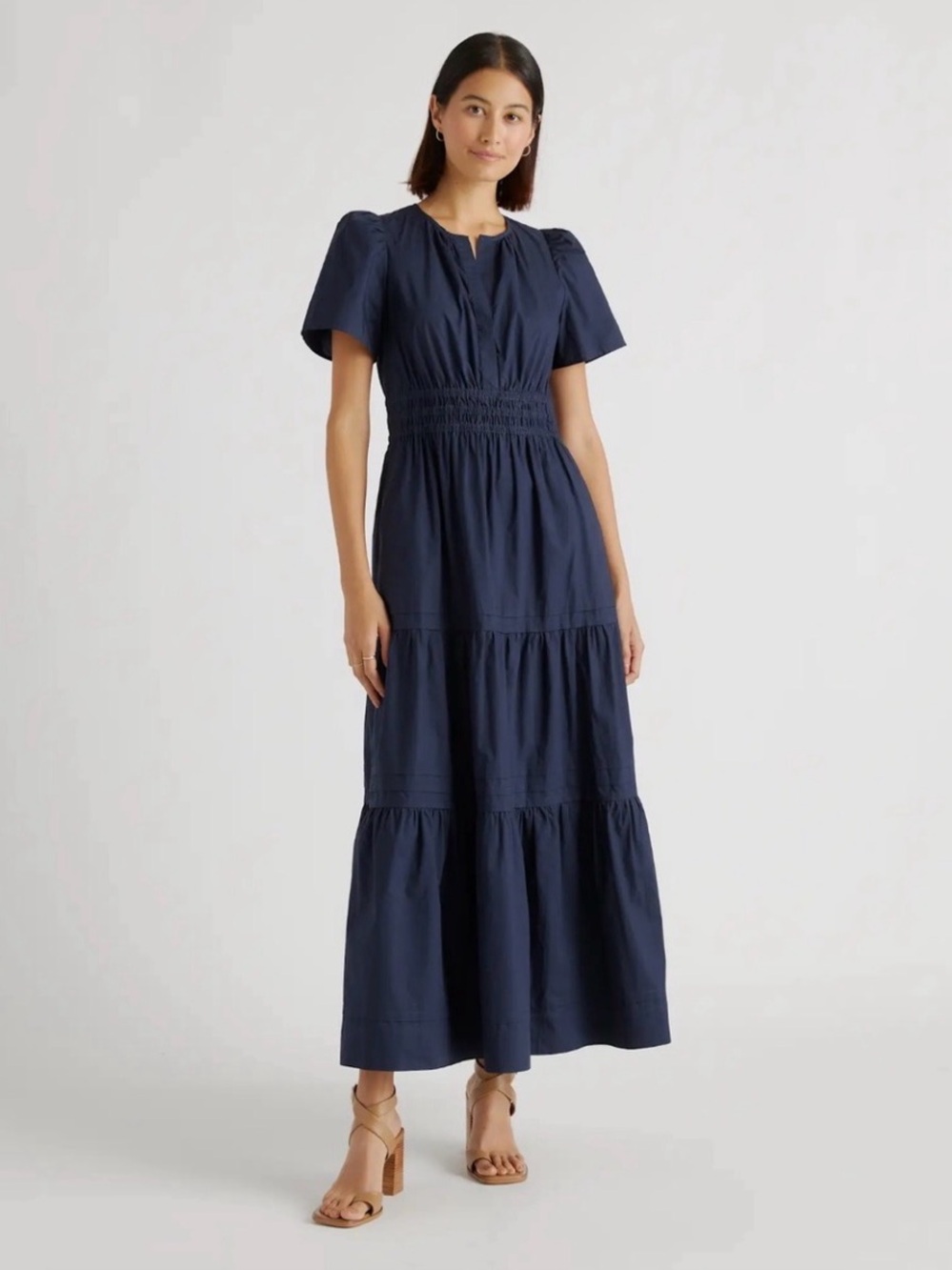 NWT Quince Organic Cotton Navy Smocked-Tier Maxi Dress-size M